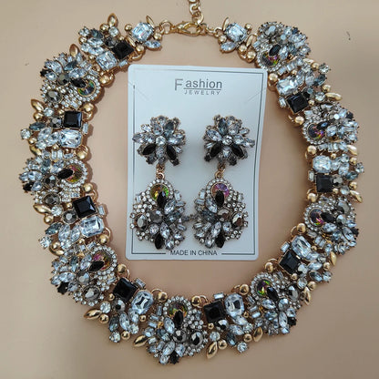 Elegant Jewellery Gifts for Her Women's Vintage Statement Earrings and Large Crystal Rhinestone Choker Necklace Jewelry Set