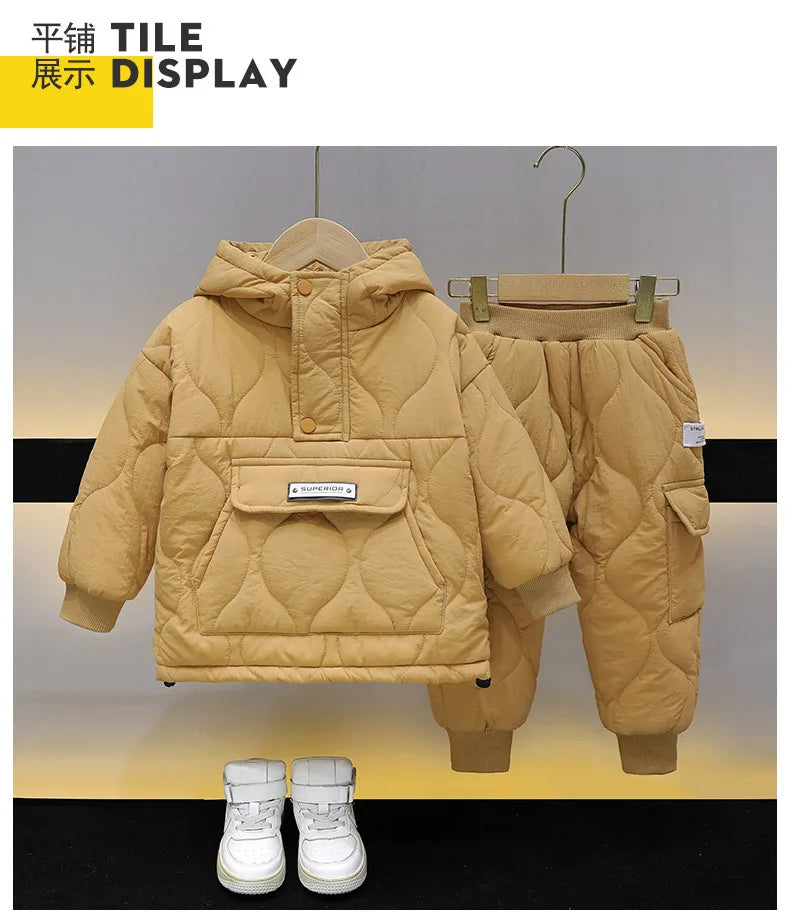 Winter Children Clothes Sets Kids Boys Girls Hooded Warm Cotton Velvet Pullover Coats Outerwear+Pants 2Pcs Snowsuits New1-8Y