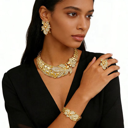 YTJX Wedding Jewelry Set Africal Big Flower Choker Necklace Fine Zircon Bracelet Piercing Earring Ring 18K Gold Plated Jewellery