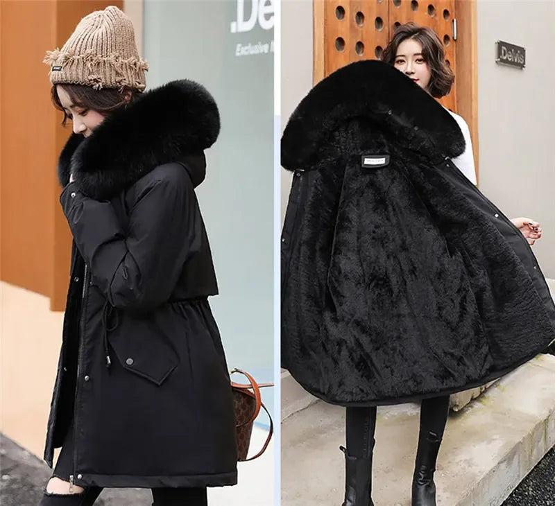 Winter Jacket Women Parka Fashion Long Coat Wool Liner Hooded Parkas Slim With Fur Collar Warm Snow Wear Padded Clothes