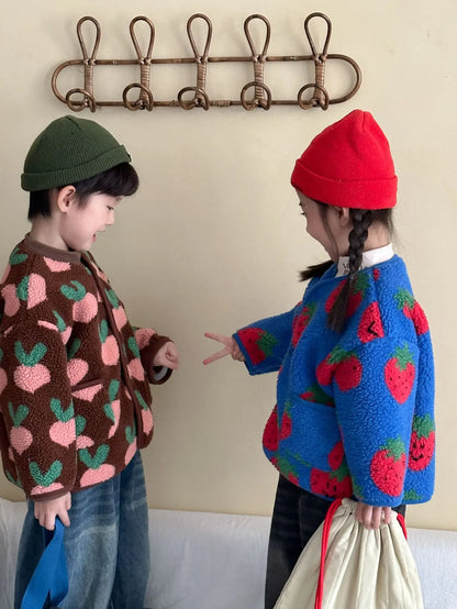 Winter New Children Clothes Lamb Wool Loose Jacket Fleece Lined Coat Cute Fruit Cartoon Print Kids Thickened Outerwear