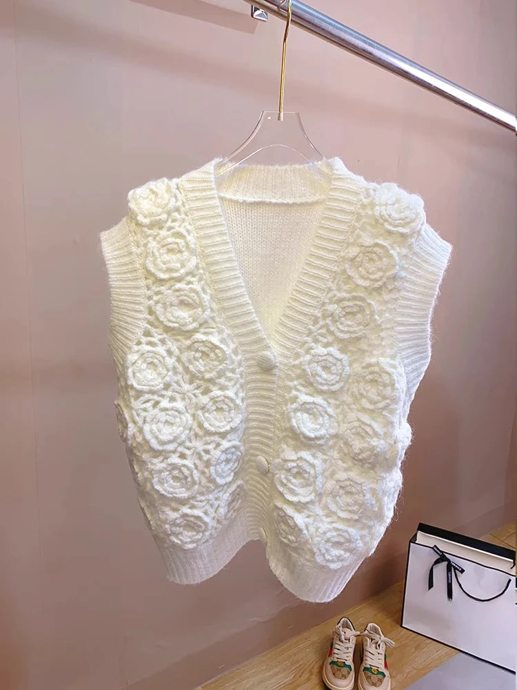 Women Handmade Rose 3D Floral Knit Cardigan Vest Style Feminine Sweater