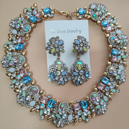 Elegant Jewellery Gifts for Her Women's Vintage Statement Earrings and Large Crystal Rhinestone Choker Necklace Jewelry Set