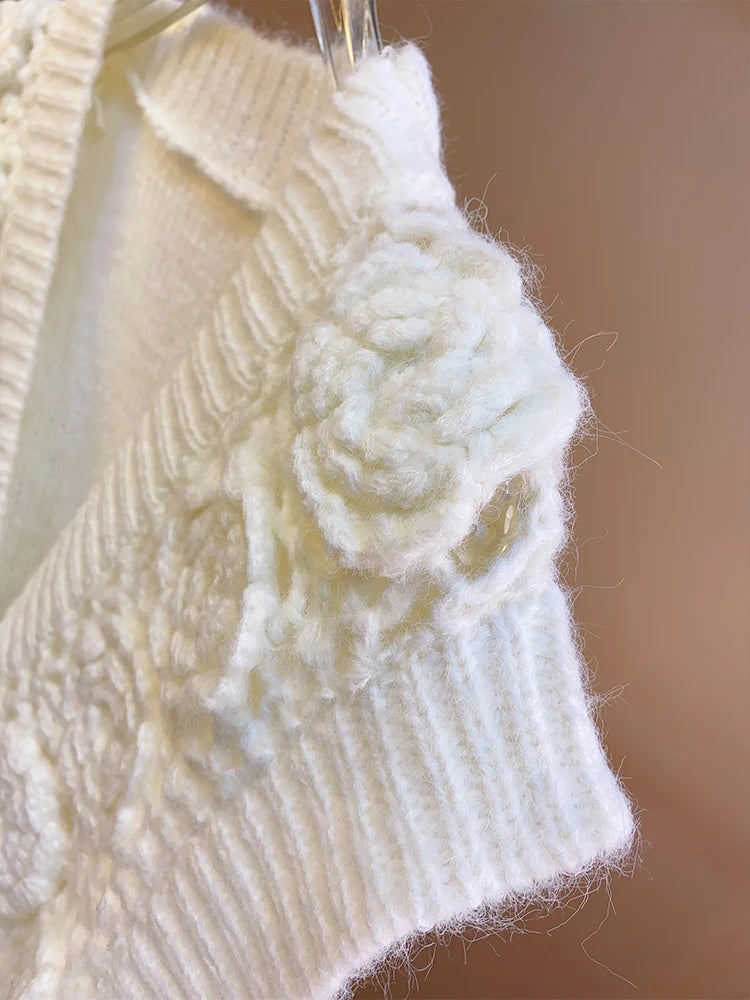 Women Handmade Rose 3D Floral Knit Cardigan Vest Style Feminine Sweater