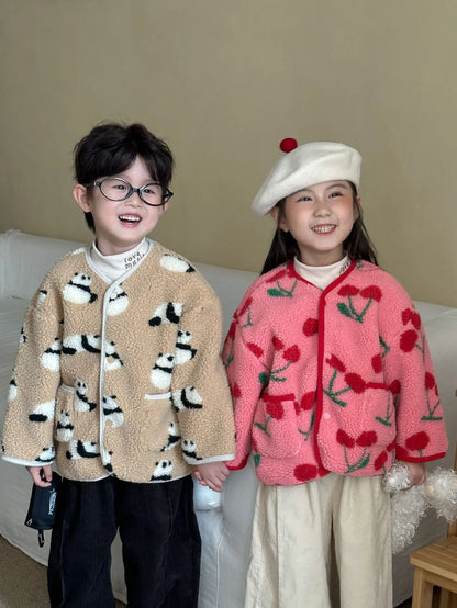 Winter New Children Clothes Lamb Wool Loose Jacket Fleece Lined Coat Cute Fruit Cartoon Print Kids Thickened Outerwear