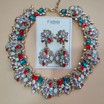 Elegant Jewellery Gifts for Her Women's Vintage Statement Earrings and Large Crystal Rhinestone Choker Necklace Jewelry Set