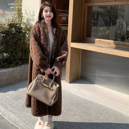  2025 Winter New Thick Women's Long Mink Plush Cardigan With Integrated Fur Eco-Friendly Hooded Fur Coat Solid Color