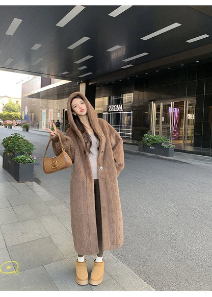  2025 Winter New Thick Women's Long Mink Plush Cardigan With Integrated Fur Eco-Friendly Hooded Fur Coat Solid Color