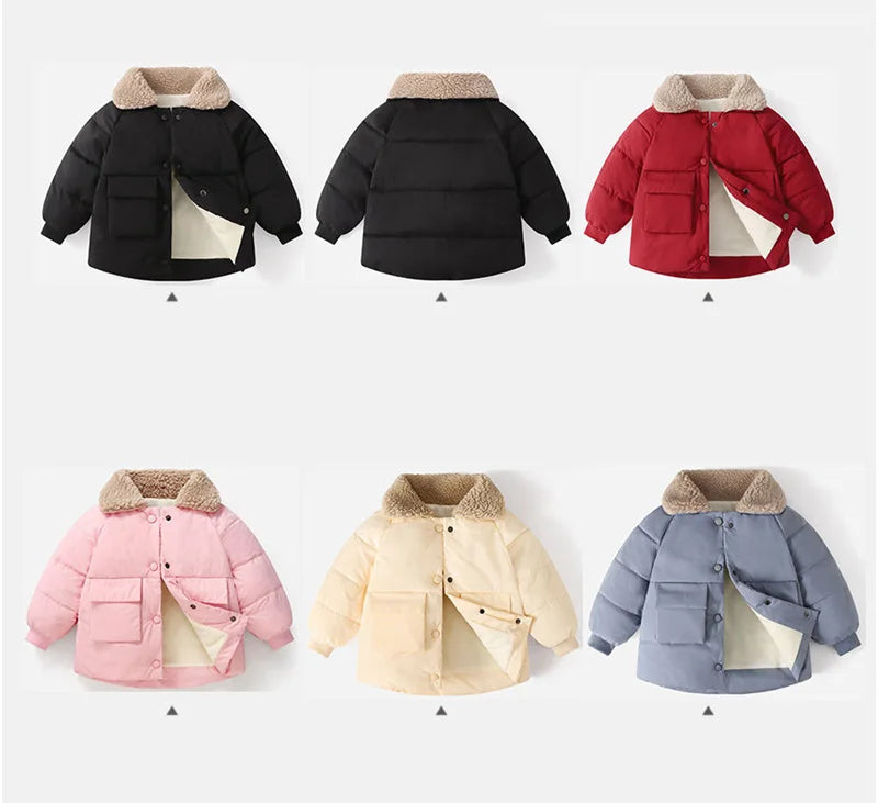 Winter New Warm Coats Baby Girl Boy Lamb Fleece Lapel Down Jackets Autumn Thicken Children Clothes Fashion Boys Girls Outerwear