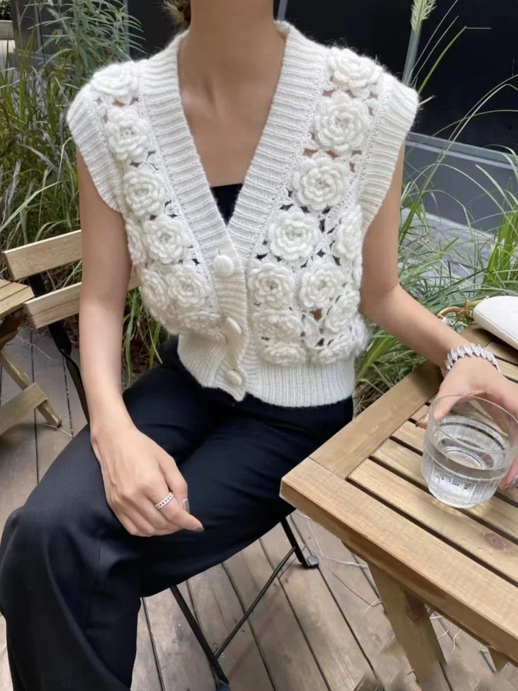 Women Handmade Rose 3D Floral Knit Cardigan Vest Style Feminine Sweater