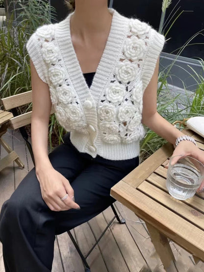 Women Handmade Rose 3D Floral Knit Cardigan Vest Style Feminine Sweater