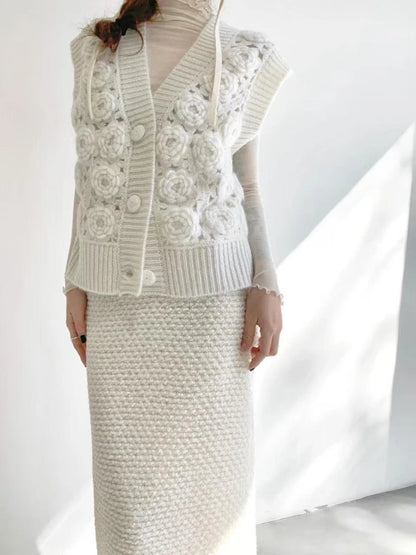 Women Handmade Rose 3D Floral Knit Cardigan Vest Style Feminine Sweater