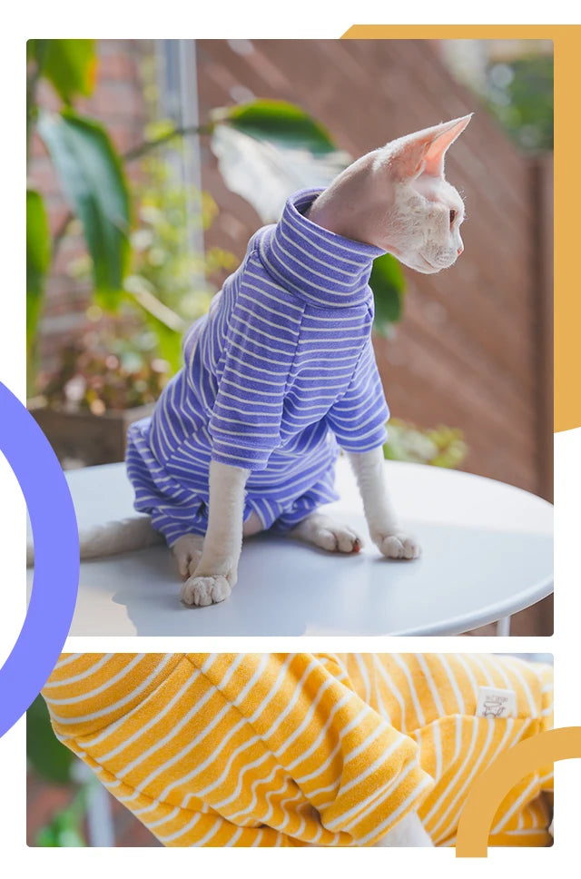 Winter Clothes for Cat, Stripped Cotton 4-legged Coat For Sphnx,Long sleeves Undershirt for Kittens, Devon Rex Jumpsuit