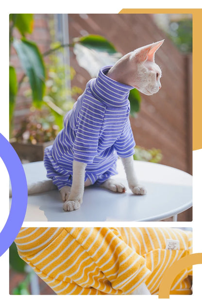 Winter Clothes for Cat, Stripped Cotton 4-legged Coat For Sphnx,Long sleeves Undershirt for Kittens, Devon Rex Jumpsuit