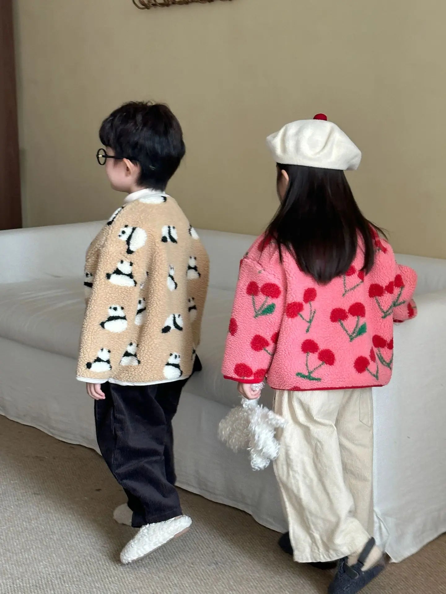 Winter New Children Clothes Lamb Wool Loose Jacket Fleece Lined Coat Cute Fruit Cartoon Print Kids Thickened Outerwear