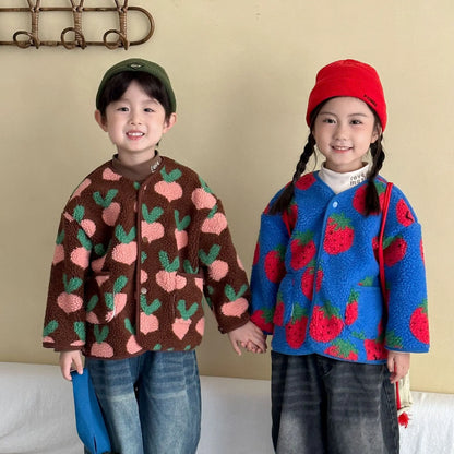 Winter New Children Clothes Lamb Wool Loose Jacket Fleece Lined Coat Cute Fruit Cartoon Print Kids Thickened Outerwear