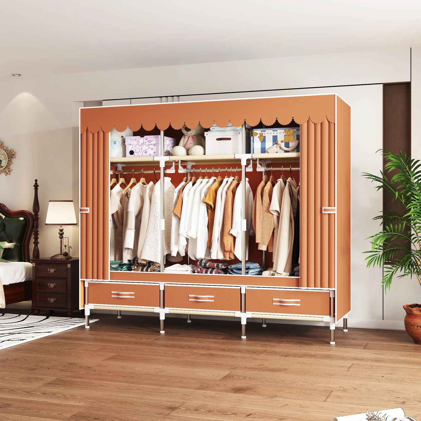 Space-saving portable wardrobe, durable, with hanging shelves, space-saving and dust-proof