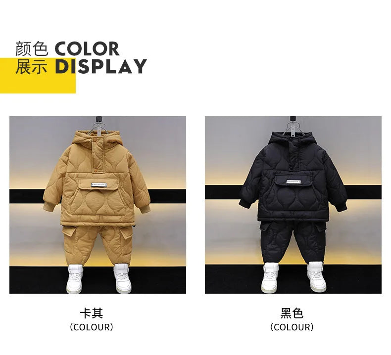 Winter Children Clothes Sets Kids Boys Girls Hooded Warm Cotton Velvet Pullover Coats Outerwear+Pants 2Pcs Snowsuits New1-8Y