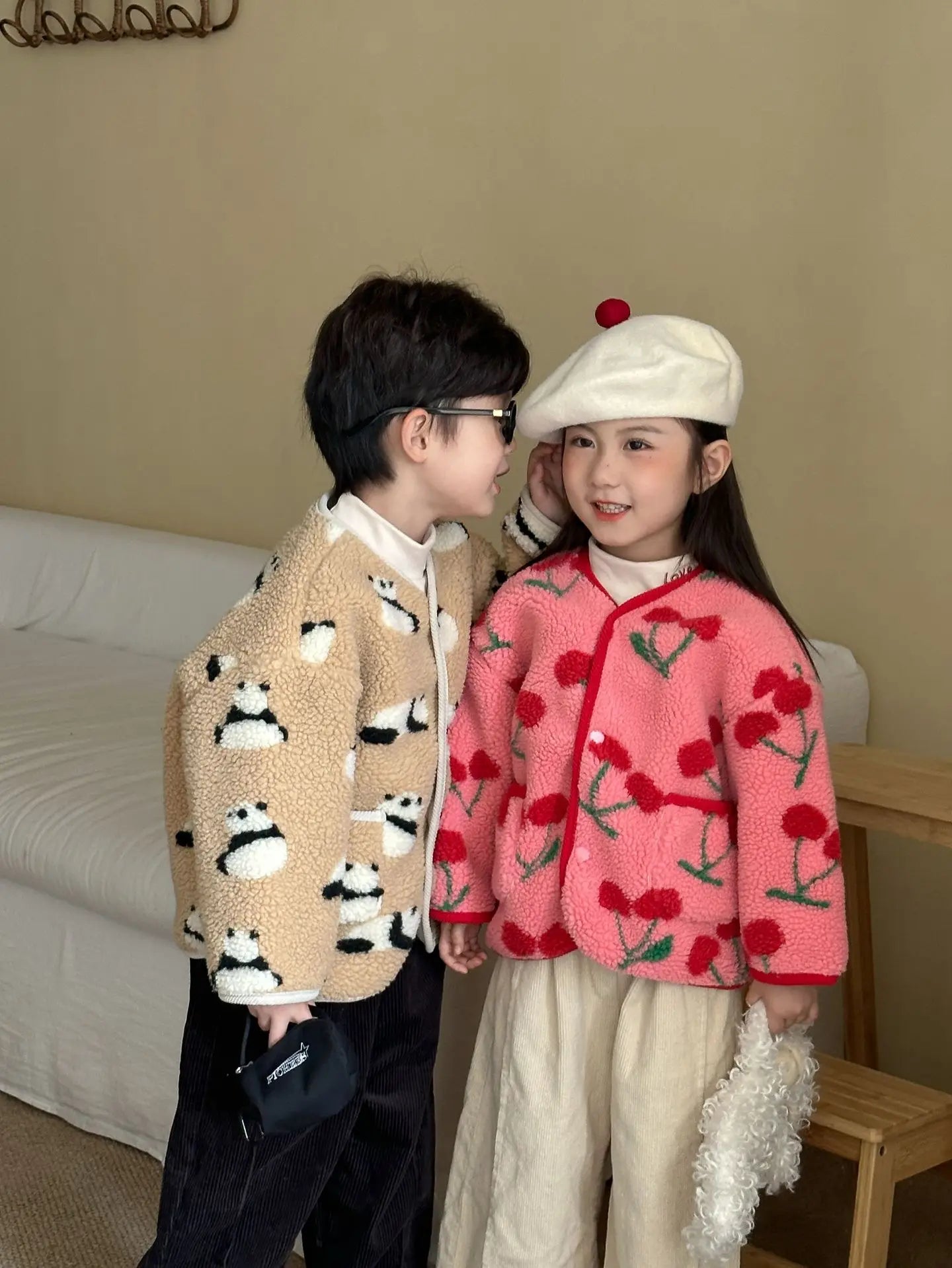 Winter New Children Clothes Lamb Wool Loose Jacket Fleece Lined Coat Cute Fruit Cartoon Print Kids Thickened Outerwear