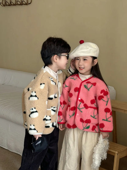 Winter New Children Clothes Lamb Wool Loose Jacket Fleece Lined Coat Cute Fruit Cartoon Print Kids Thickened Outerwear