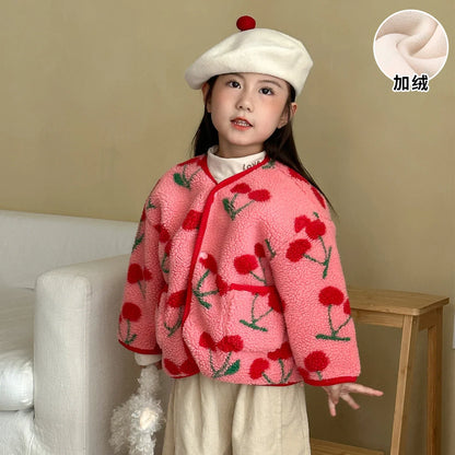 Winter New Children Clothes Lamb Wool Loose Jacket Fleece Lined Coat Cute Fruit Cartoon Print Kids Thickened Outerwear