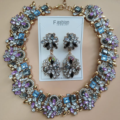 Elegant Jewellery Gifts for Her Women's Vintage Statement Earrings and Large Crystal Rhinestone Choker Necklace Jewelry Set