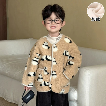Winter New Children Clothes Lamb Wool Loose Jacket Fleece Lined Coat Cute Fruit Cartoon Print Kids Thickened Outerwear