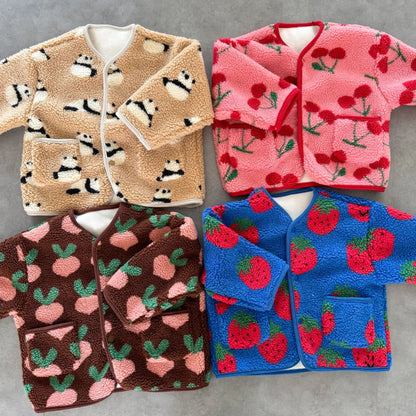 Winter New Children Clothes Lamb Wool Loose Jacket Fleece Lined Coat Cute Fruit Cartoon Print Kids Thickened Outerwear