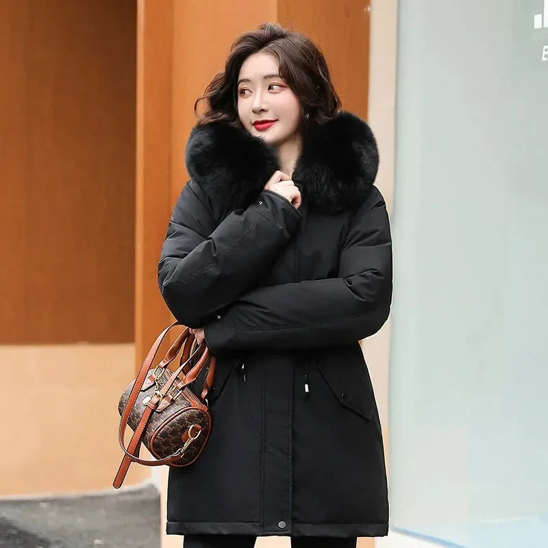 Winter Jacket Women Parka Fashion Long Coat Wool Liner Hooded Parkas Slim With Fur Collar Warm Snow Wear Padded Clothes