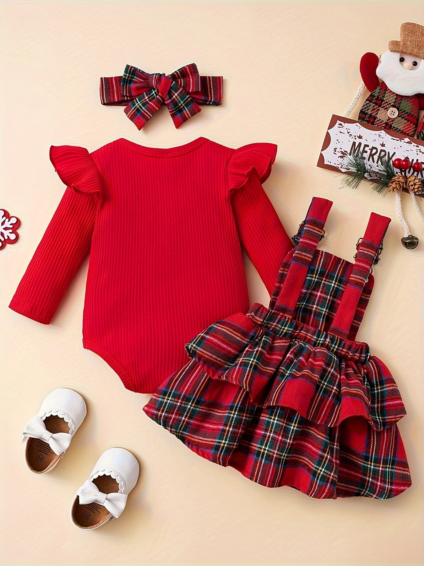 Baby Autumn and Winter Clothing Set Baby Girls 0-18 Months Romper and Plaid Strap Skirt and Headband