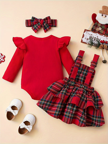 Baby Autumn and Winter Clothing Set Baby Girls 0-18 Months Romper and Plaid Strap Skirt and Headband