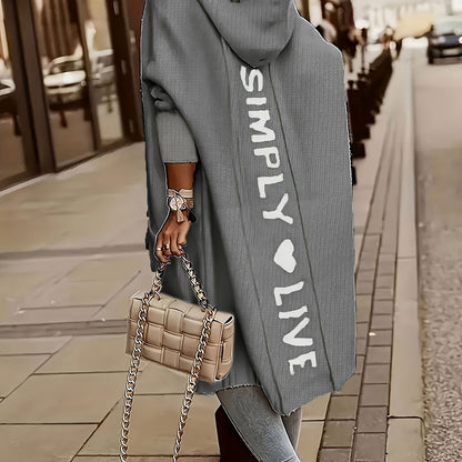 100% Polyester Long Sleeve V-Neck Hooded Knit Cardigan - Women's Casual Sweater with Pocket - Alphabet Pattern Fall/Winter Clothing