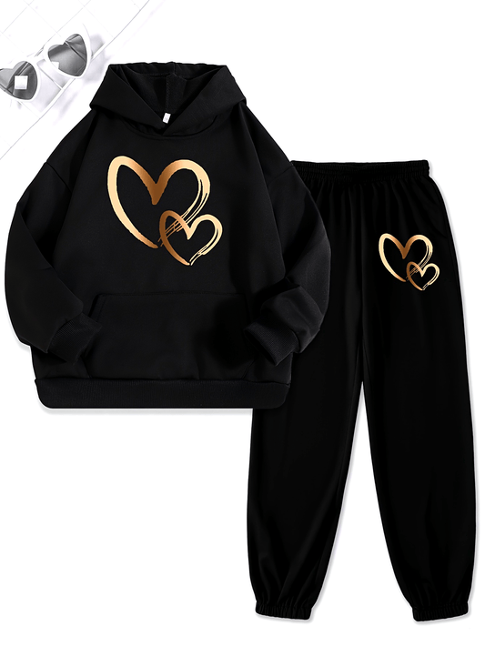 Girls 2pcs Print Hooded Sweatshirt & Letter Print Jogger Pants Set Kids Clothes For Gift, Sports, for Outdoor