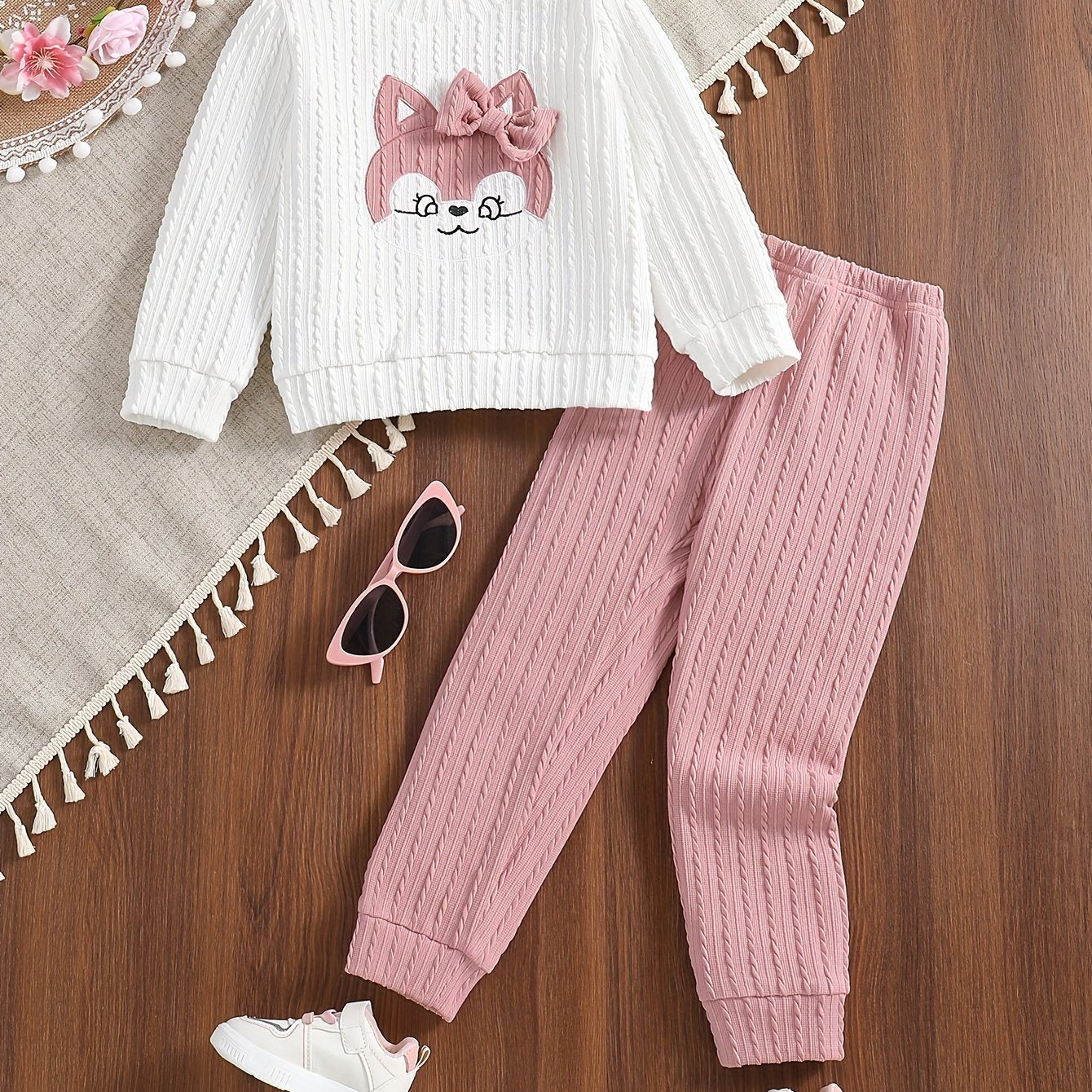 Toddler Girl Cartoon Graphic Bow Front Sweatshirt & Comfy Sweatpants, Kids Clothes For Spring Fall