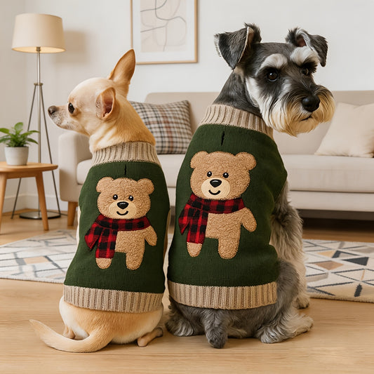 1pc Cute Bear Embroidered Pet Sweaters Soft And Comfortable Knitwear for Small to Medium Dogs, Thick Knitted Turtleneck Style Stretchy And Warm Winter Clothing for Schnauzers And Bichons