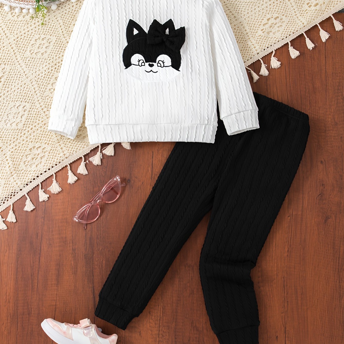 Toddler Girl Cartoon Graphic Bow Front Sweatshirt & Comfy Sweatpants, Kids Clothes For Spring Fall