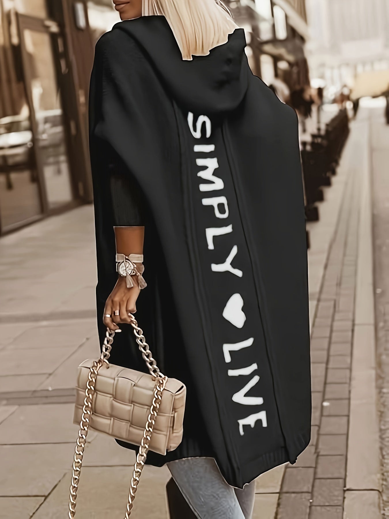 100% Polyester Long Sleeve V-Neck Hooded Knit Cardigan - Women's Casual Sweater with Pocket - Alphabet Pattern Fall/Winter Clothing