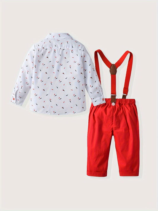 3pcs Adorable Gentleman Outfit Set - Feather Pattern Shirt, Bowtie, and Overalls for Boys - Perfect Fall Winter Clothing for Kids, Ideal Gift for Little Men
