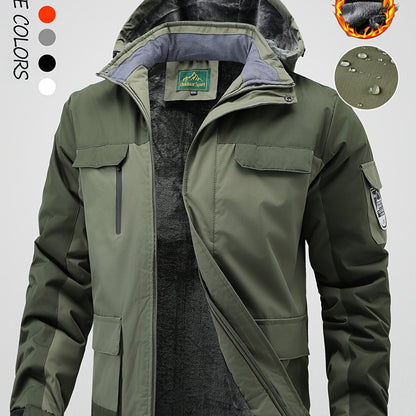 Men's Winter Fleece-Lined Jacket - Navy Blue Thickened Outdoor Hooded Coat with Zipper Pockets, Warm & Stylish for Cold Weather, Winter Clothes