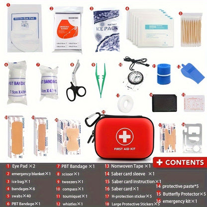80pcs EVA First Aid Kit, Emergency Survival Aid Package, with Scissors, Tweezers, Bandages, Gloves, Whistle, for Travel, Outdoor Activities, Home, Office, Camping, Hiking, Vehicle Essentials - Red