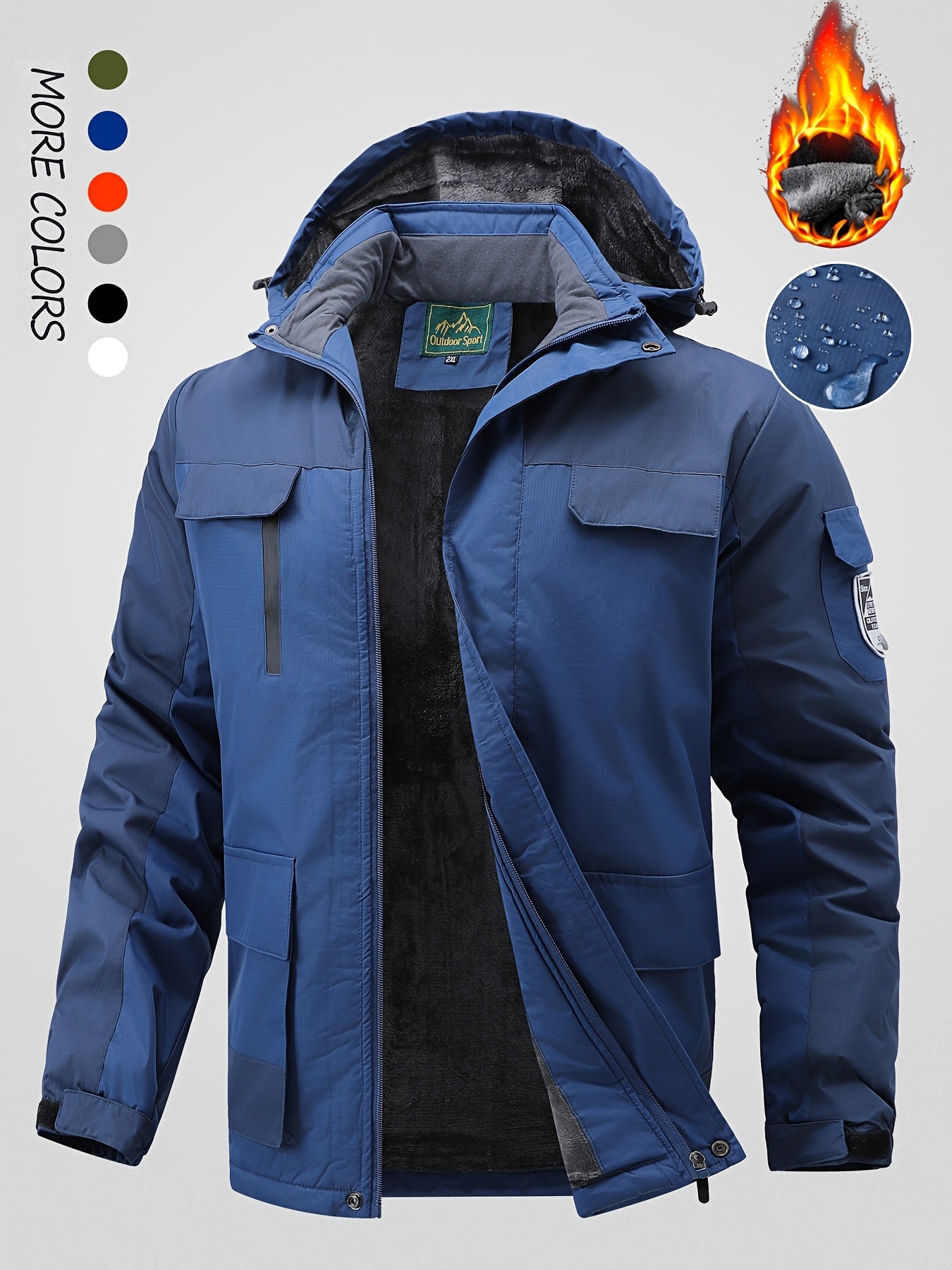 Men's Winter Fleece-Lined Jacket - Navy Blue Thickened Outdoor Hooded Coat with Zipper Pockets, Warm & Stylish for Cold Weather, Winter Clothes