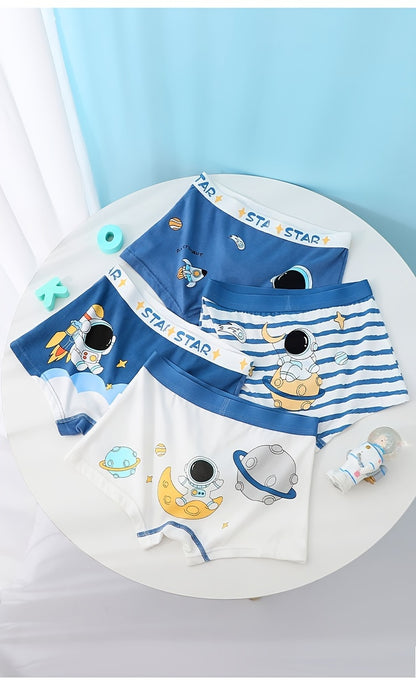 4pcs Kid & Teen Boy's Cotton Boxer Briefs, Cute Cartoon Astronaut Pattern Print Shorts, Comfy Breathable Soft Underwear, Kids Clothes Suitable For All Seasons