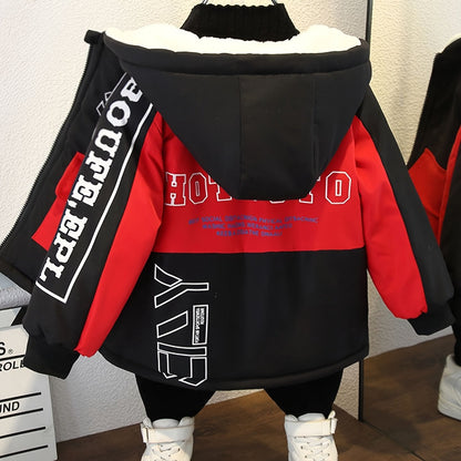Boys Fashionable Letter Print Color Block Fleece Lining Hooded Jacket With Pockets, Long Sleeve Zip Up Jacket, Kids Clothes For Fall Winter Outdoor