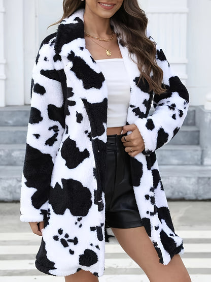[Dalmatian Print Thermal Coat] Thermal Long Sleeve Dalmatian Print Plush Lapel Coat - Women's Fall & Winter Clothing