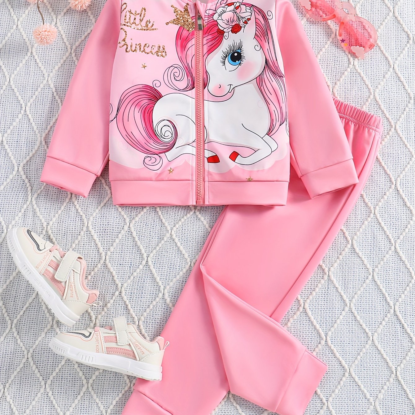 Cute Toddler Girls 2pc Lovely Unicorn Princess Graphic Zip Jacket + Jogger Pants Set Kids Clothes Spring Fall Gift