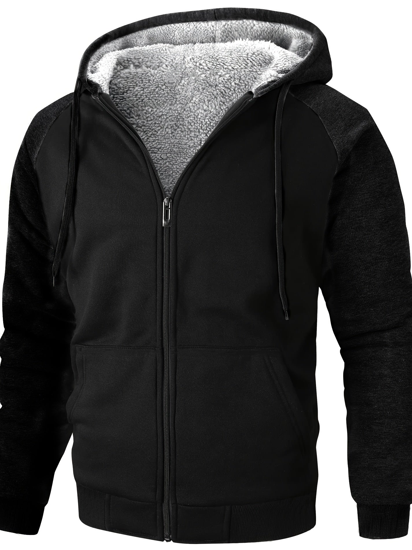 Men's Full-Zip Shearling Hooded Jacket with Pockets - Casual Winter Warmth, Stylish Thermal Lined Coat for Cold Weather, Winter Clothes