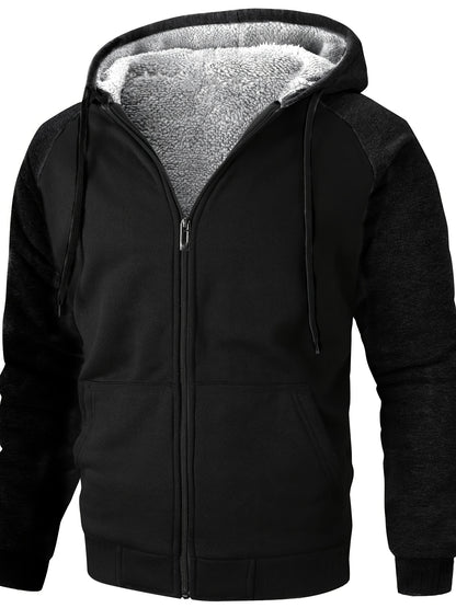 Men's Full-Zip Shearling Hooded Jacket with Pockets - Casual Winter Warmth, Stylish Thermal Lined Coat for Cold Weather, Winter Clothes