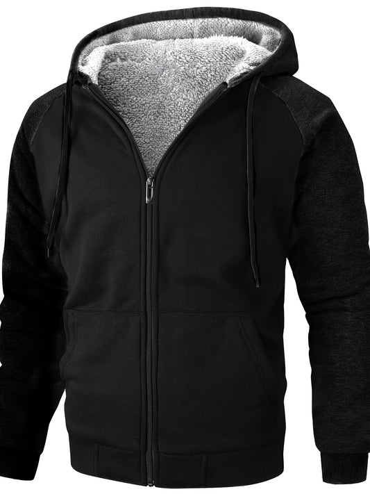 Men's Full-Zip Shearling Hooded Jacket with Pockets - Casual Winter Warmth, Stylish Thermal Lined Coat for Cold Weather, Winter Clothes