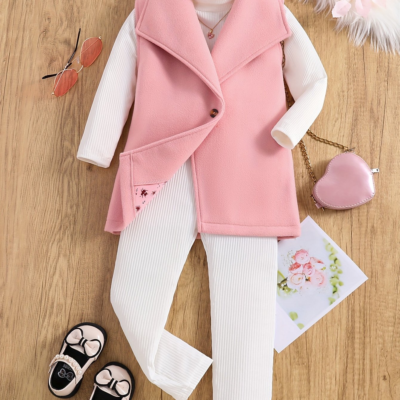 Toddler Girls 3 Packs Set Kids Clothes Solid Lapel Open Front Jacket + Solid Pullover + Pants Set Spring Fall