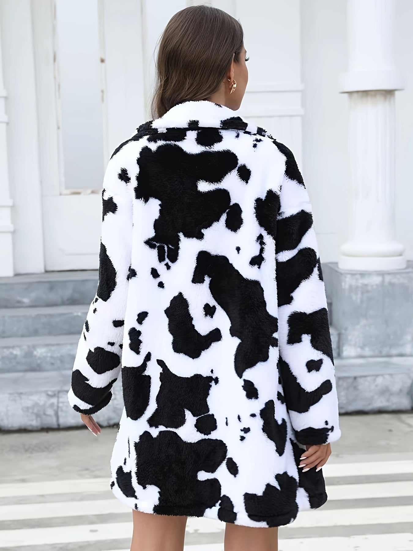 [Dalmatian Print Thermal Coat] Thermal Long Sleeve Dalmatian Print Plush Lapel Coat - Women's Fall & Winter Clothing